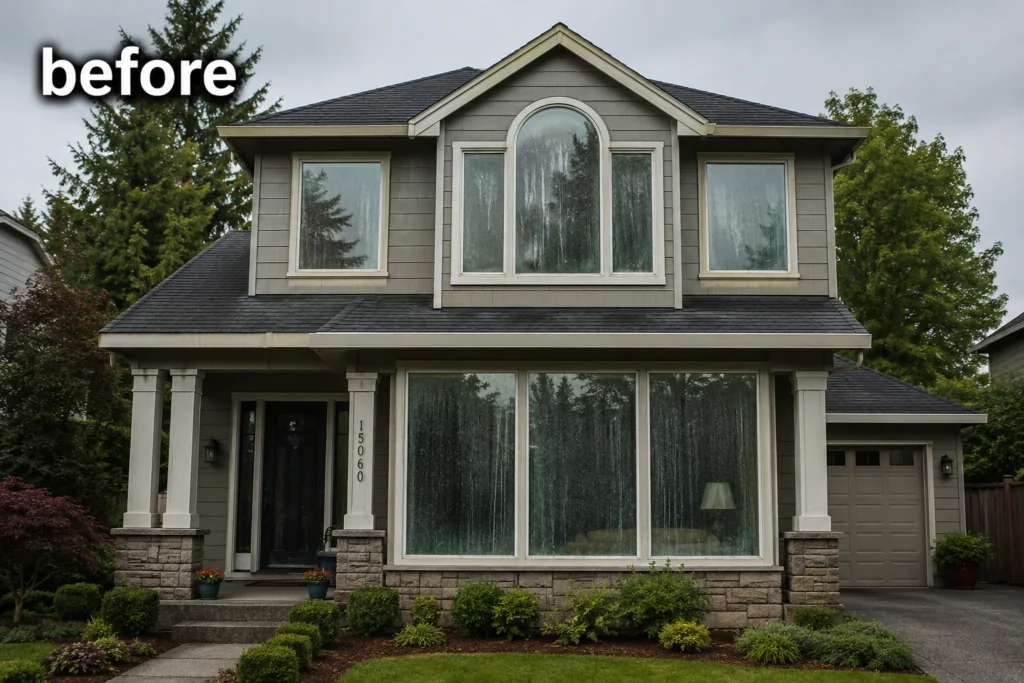 Before professional window cleaning showing dirty residential windows with dust, water spots, and streaks on a Portland home.
