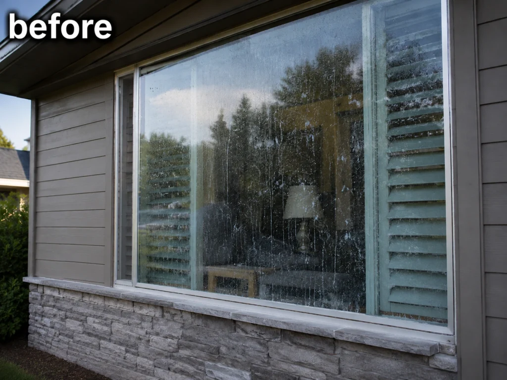 Before window cleaning showing hard water stains and dirt buildup on large picture windows.