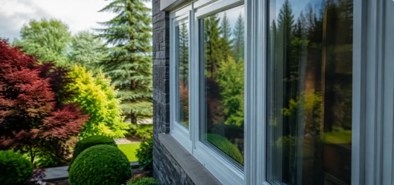 Modern home windows overlooking a lush garden, river, and Portland city skyline.