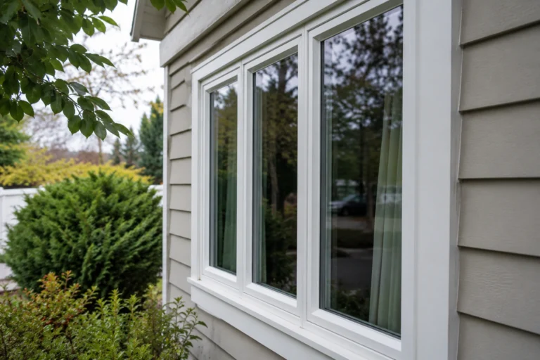 Signs of a Failing Window Seal in the Pacific Northwest (And What to Do About It) 4 White-framed residential windows on a beige-sided home surrounded by green shrubs and trees.