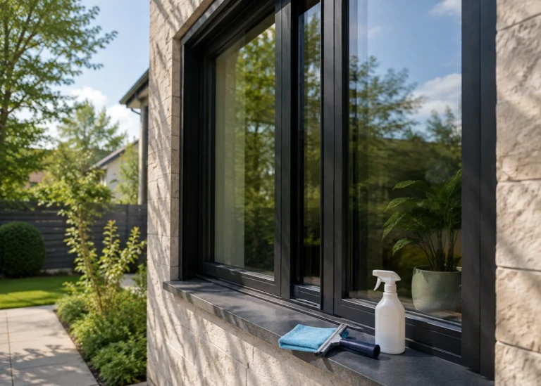 How to Clean Windows After Construction (And Why the Wrong Method Scratches New Glass) 2 Modern exterior window with cleaning supplies on the sill, ready for post-construction window cleaning.