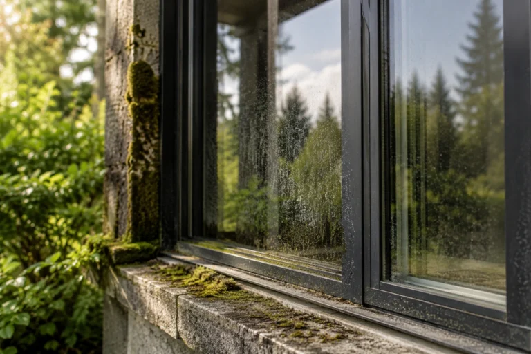 Moss in Your Window Tracks — What It's Actually Doing to Your Seal 4 Moss growing along a dirty window track and weathered sill beside a damp exterior wall.