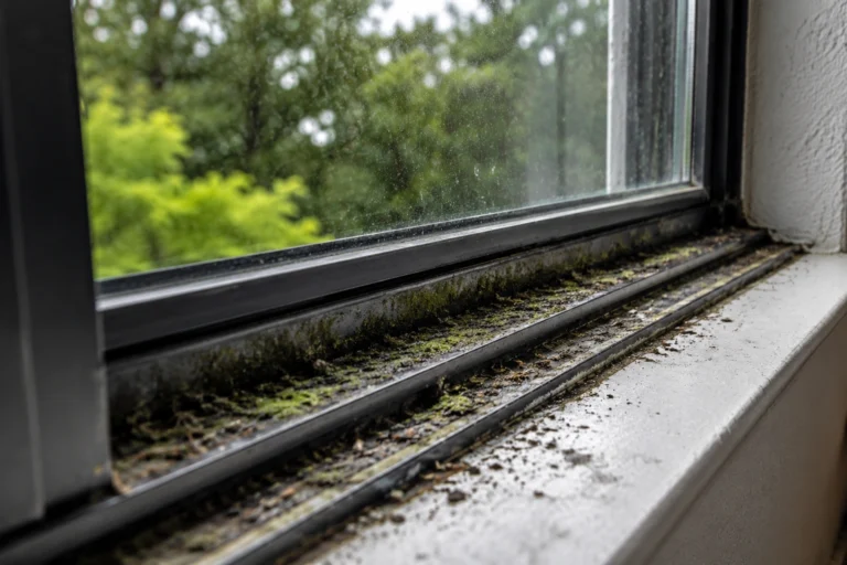 How to Clean Window Tracks the Right Way (And How Often You Actually Need To) 3 Moss and dirt buildup covering a window track and sill beneath a dirty window.