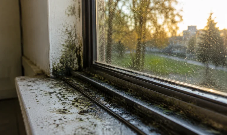 Mold and green buildup covering a damp window sill and track beside a condensation-covered window.
