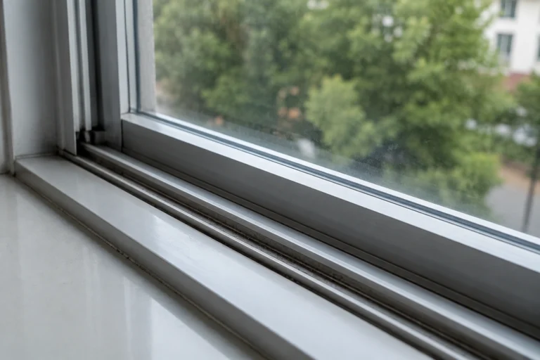 Why Your Window Won't Slide Smoothly 1 Close-up of a white window sill and frame, with blurred green trees and a neighboring building visible outside in soft daylight.