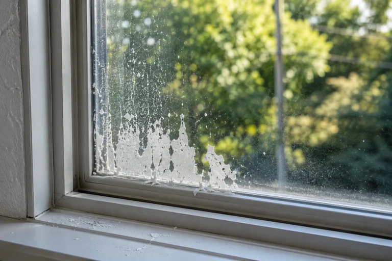 How to Remove Paint Overspray and Stickers from Windows Without Scratching Them 5 Close-up of a sunlit window with white moisture residue along the lower glass, overlooking softly blurred green trees and a quiet outdoor scene.