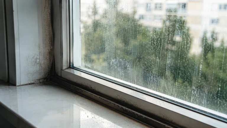 White Milky Residue on Windows: Hard Water vs. Frame Oxidation 5 Rain-speckled apartment window overlooking blurred greenery and city buildings, with a quiet marble sill creating a calm, reflective mood.