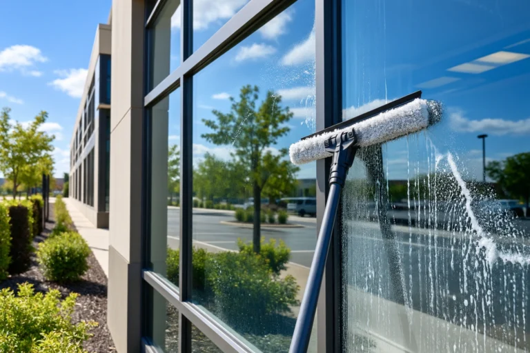 How Often Should Commercial Windows Be Cleaned? 6 A window squeegee cleans a modern office building’s glass facade on a sunny day, reflecting trees, blue sky, and the surrounding parking lot.
