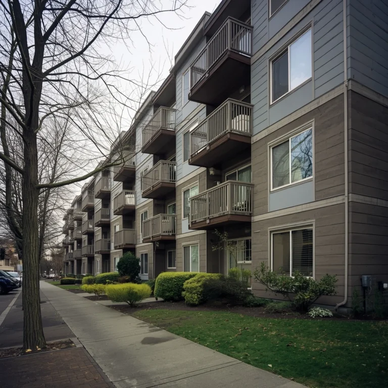 Who Pays for Window Cleaning in a Condo or HOA? A Property Manager's Guide 1 Modern multi-story apartment building with stacked balconies, trees, shrubs, and a quiet sidewalk on a calm, overcast residential street.